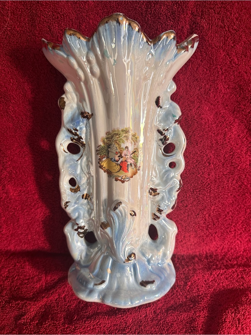 Limoges Porcelain Painted Vase Blue & White Man Serenading A Woman 10"